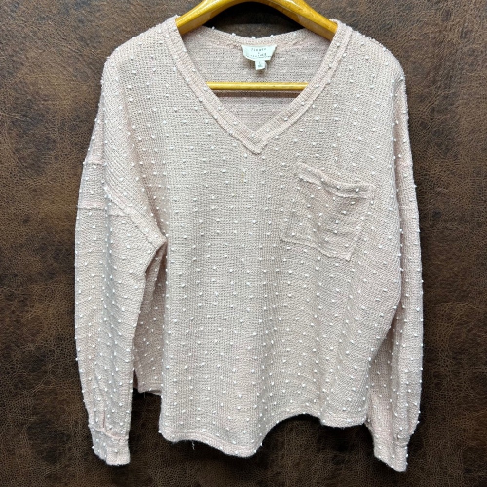 Flower & Feather Oversized Large Light Pink Swiss Dots White Knots V-Neck